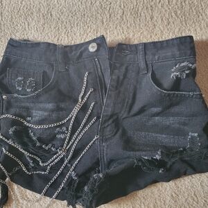 Black Distressed Women’s Jean Shorts with Chain Detail